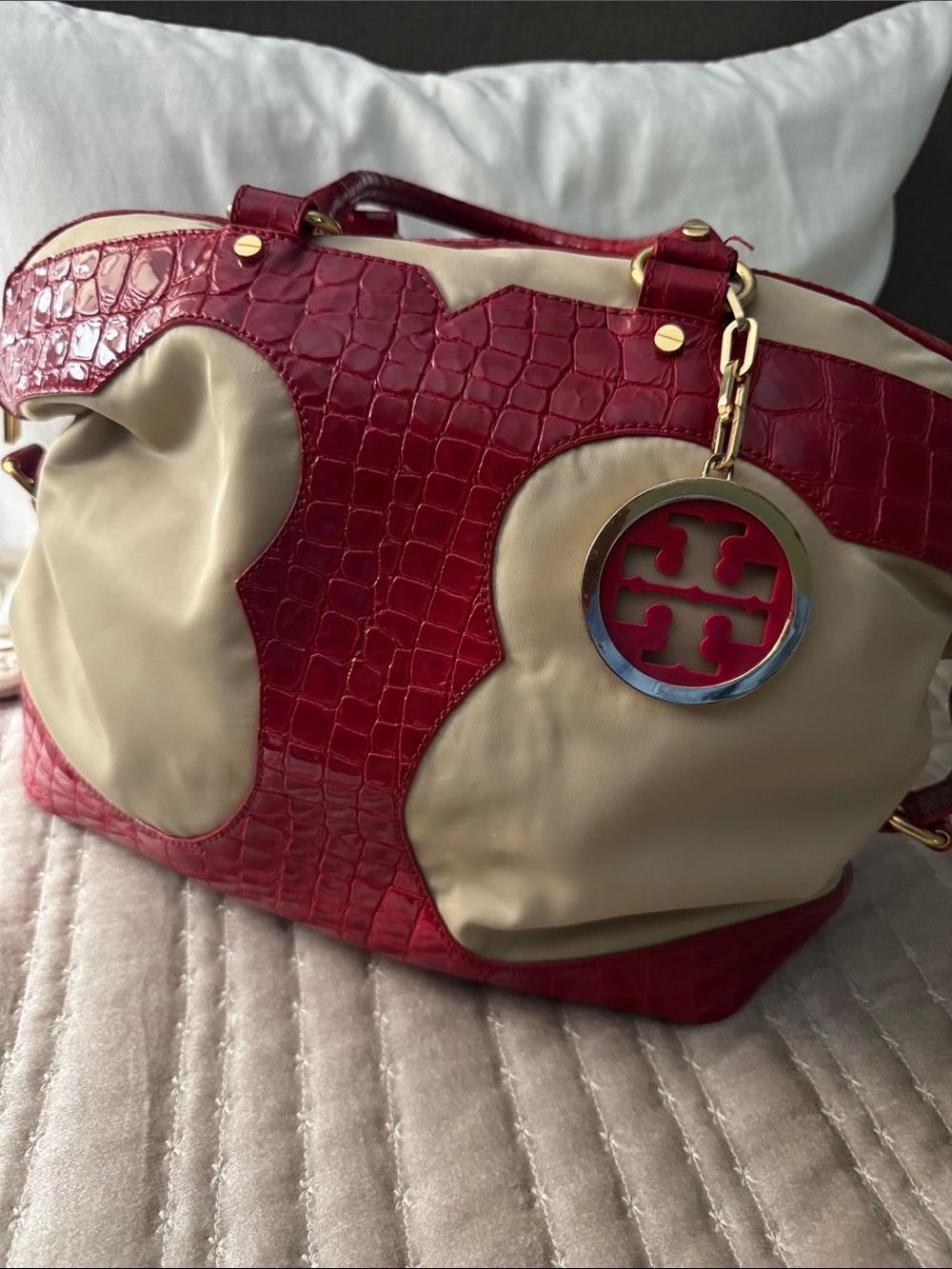 Tory Burch Red Croc-Embossed and Cream Nylon Shoulder Bag